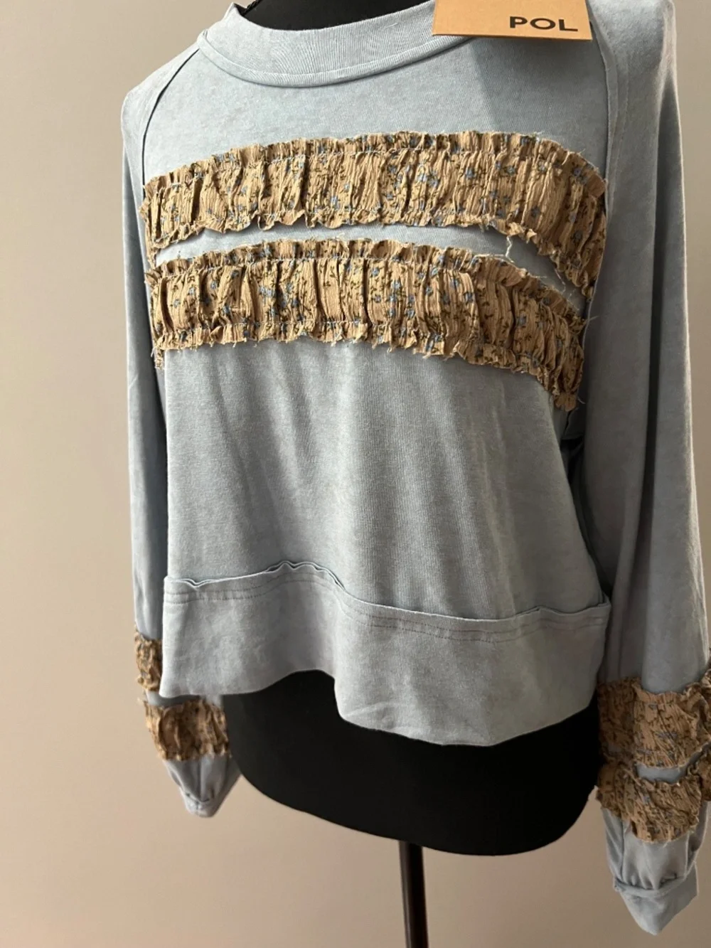 POL Distressed Chevron Ruffle Pullover in Slate Blue/Grey - Picture 3 of 7